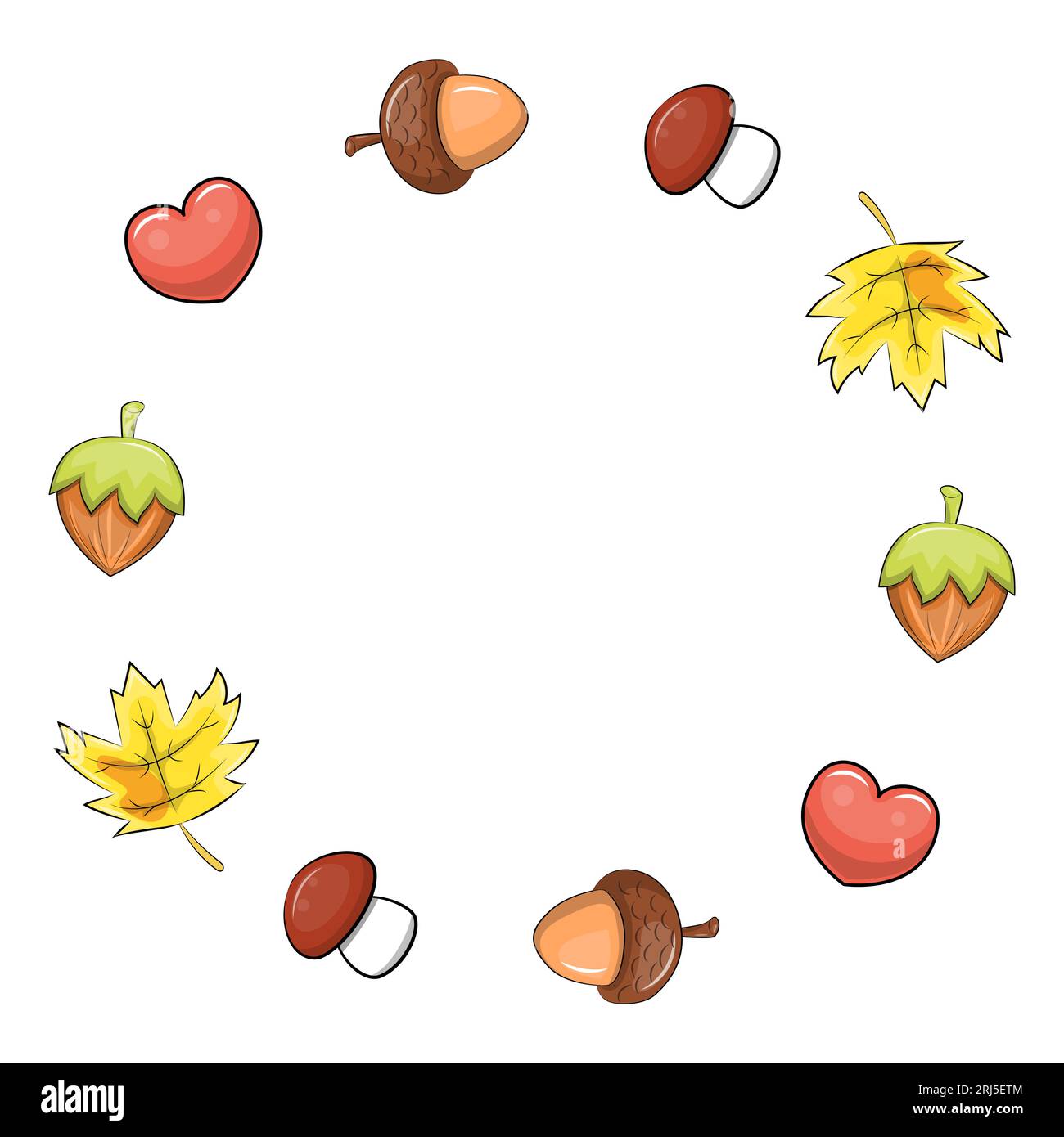 Cute cartoon autumn frame. Vector illustration with acorn, mushroom, nut, leaf, heart on white background. Stock Vector