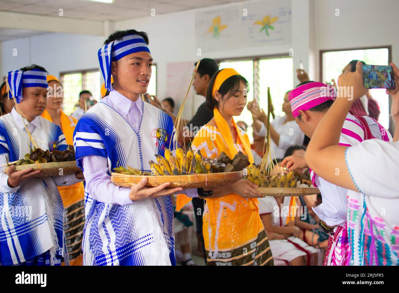 Karen Traditional wrist tying ceremony : Karen people cerebrate traditional wrist tying ceremony as their culture event. Stock Photo