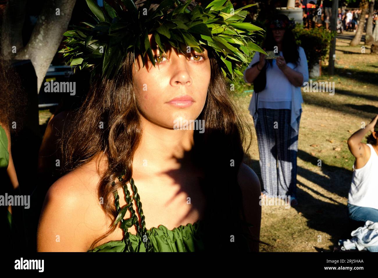 Honolulu, Hawaii, USA. 20th Aug, 2023. A dancer waits to enter the stage at the Maui Ola Benefit Concert which raised over $500,000 for wildfire relief on Maui in three hours showcasing titans of Hawaiian music and dance at the Bishop Museum. 23.08.20 (Credit Image: © J. Matt/ZUMA Press Wire) EDITORIAL USAGE ONLY! Not for Commercial USAGE! Stock Photo