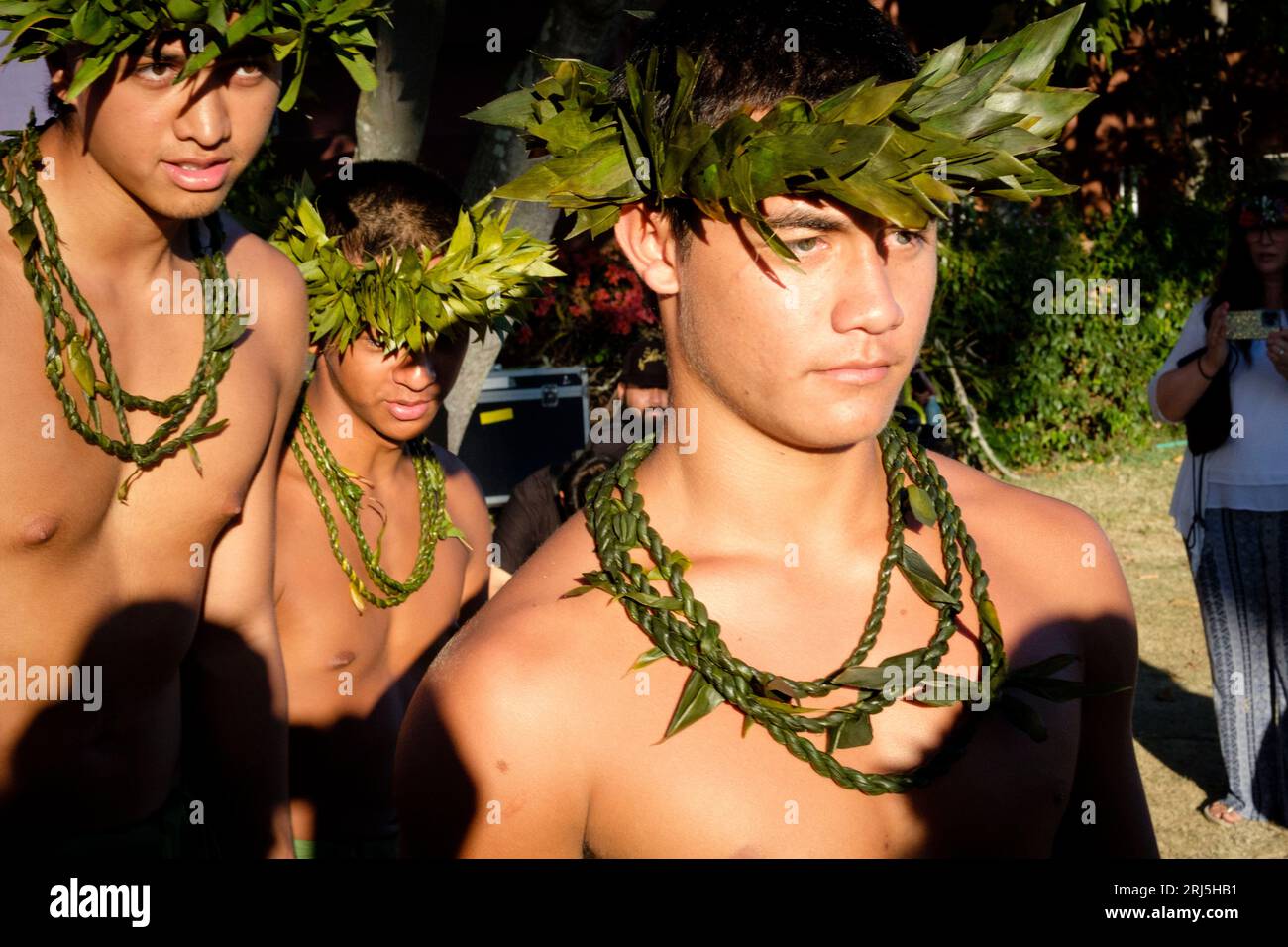 Honolulu, Hawaii, USA. 20th Aug, 2023. Dancers wait to enter the stage at the Maui Ola Benefit Concert which raised over $500,000 for wildfire relief on Maui in three hours showcasing titans of Hawaiian music and dance at the Bishop Museum. 23.08.20 (Credit Image: © J. Matt/ZUMA Press Wire) EDITORIAL USAGE ONLY! Not for Commercial USAGE! Stock Photo