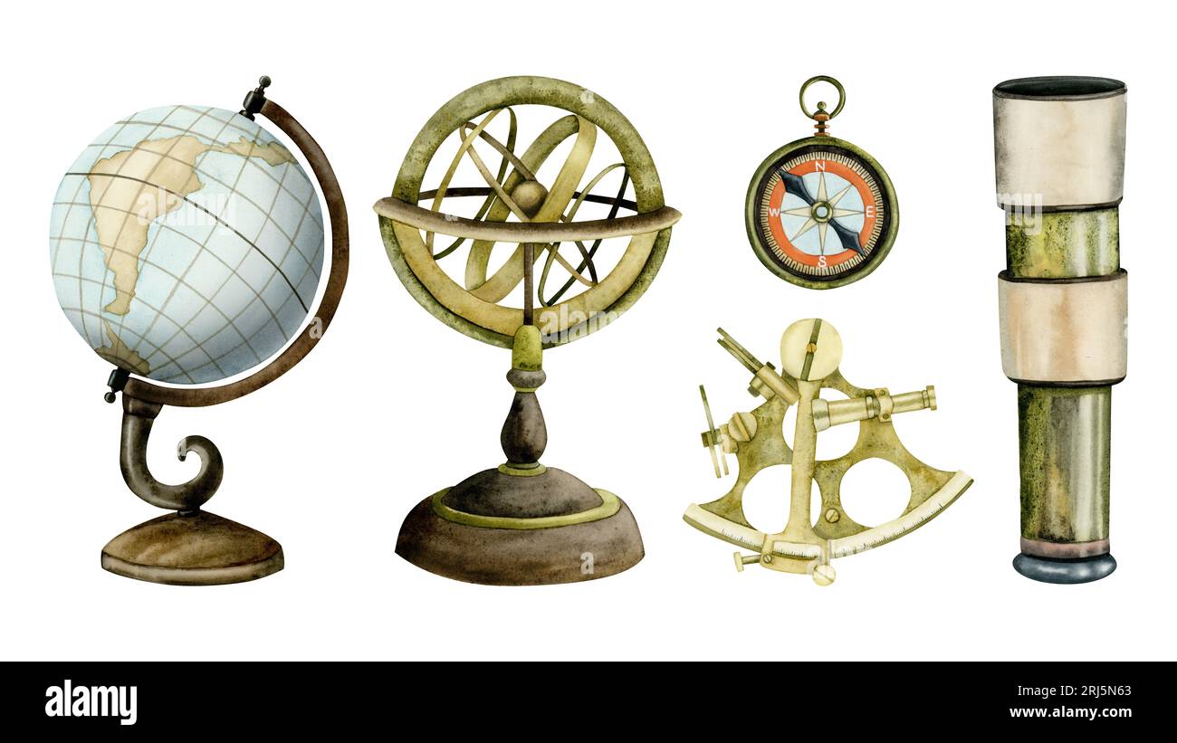 Sea nautical navigation instruments watercolor illustration set with astrolabe, globe, sextant, compass and spyglass Stock Photo