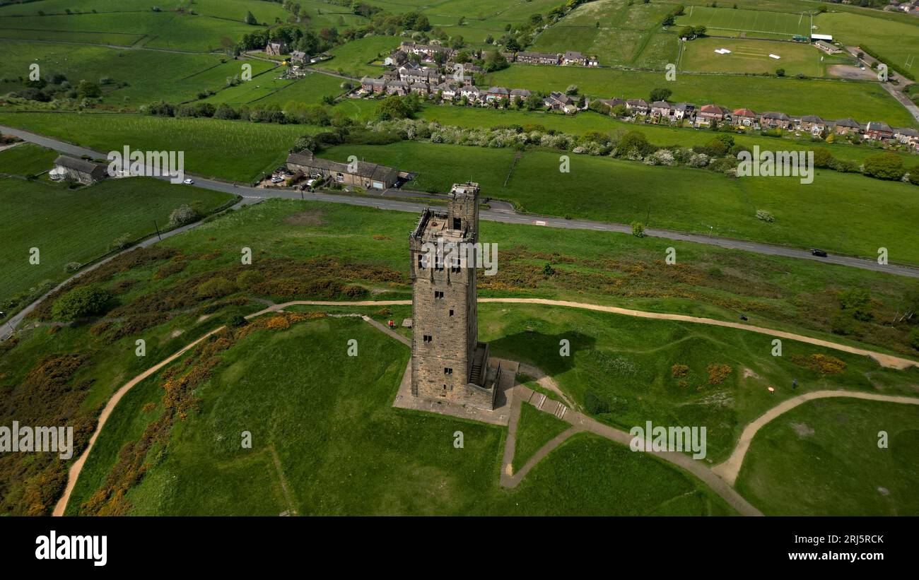 Aerial view of the rolling green hills of Castle Hill in Huddersfield