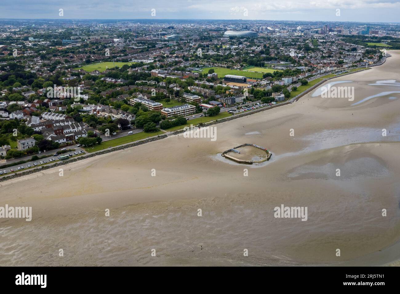Aerial view of the coastal town with urban buildings in Sandymount