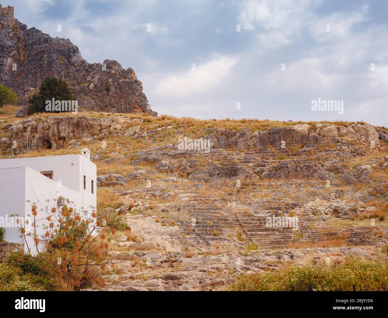 Views of Acropolis of Lindos and Temple of Athena Lindia near town of Lindos on island of Rhodes, Greece Stock Photo