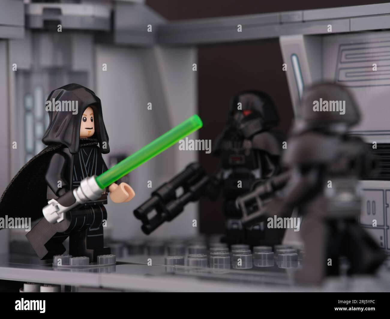 Tambov, Russian Federation - August 18, 2023 A Lego Luke Skywalker versus Dark Troopers Stock Photo