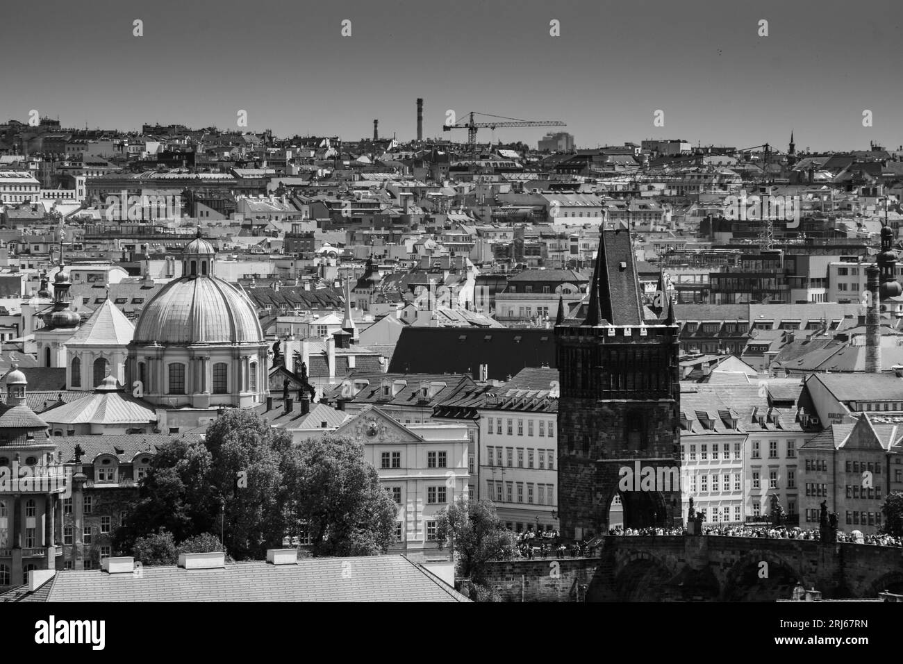 An Aerial view of Prague cityscape with iconic architecture and rooftops Stock Photo