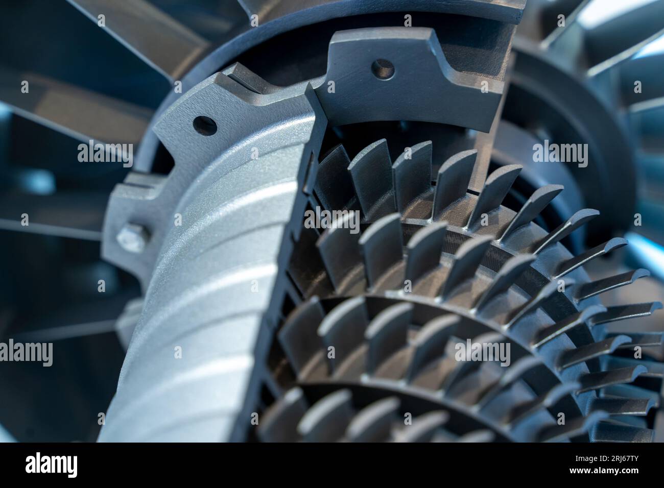 A closeup of the structure of the modern turbofan engine interior. Stock Photo