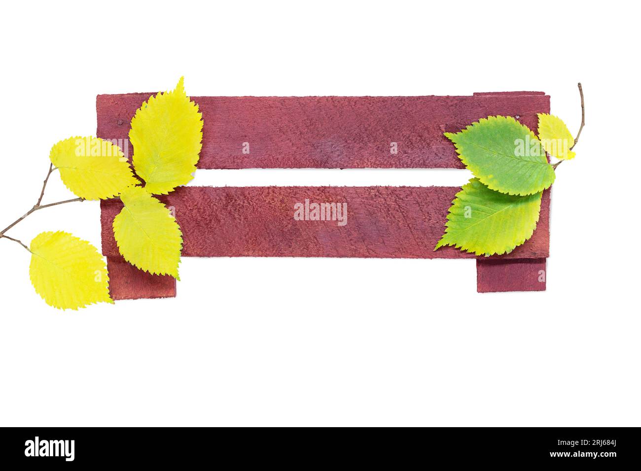 Old burgundy bulletin boards with yellow leaves side. Wooden plaque