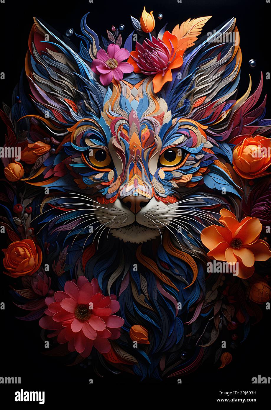 A vibrant psychedelic painting of a cat with bright eyes and a head Stock Photo