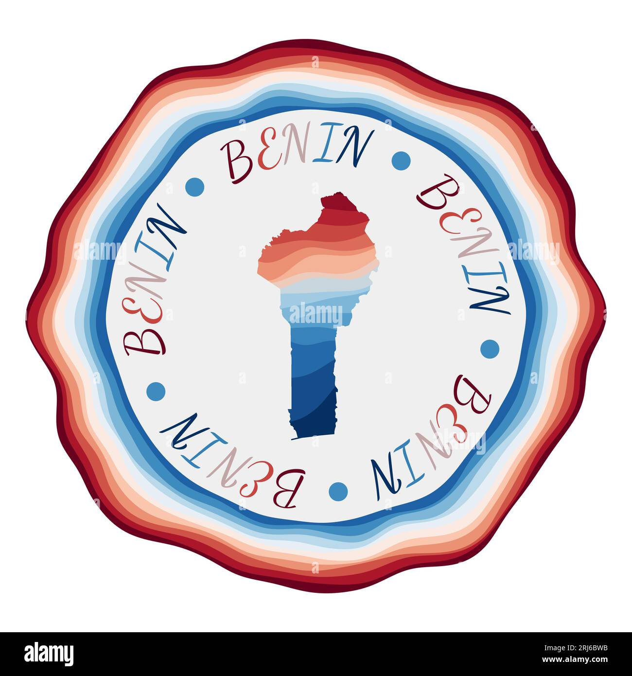 Benin badge. Map of the country with beautiful geometric waves and vibrant red blue frame. Vivid round Benin logo. Vector illustration. Stock Vector