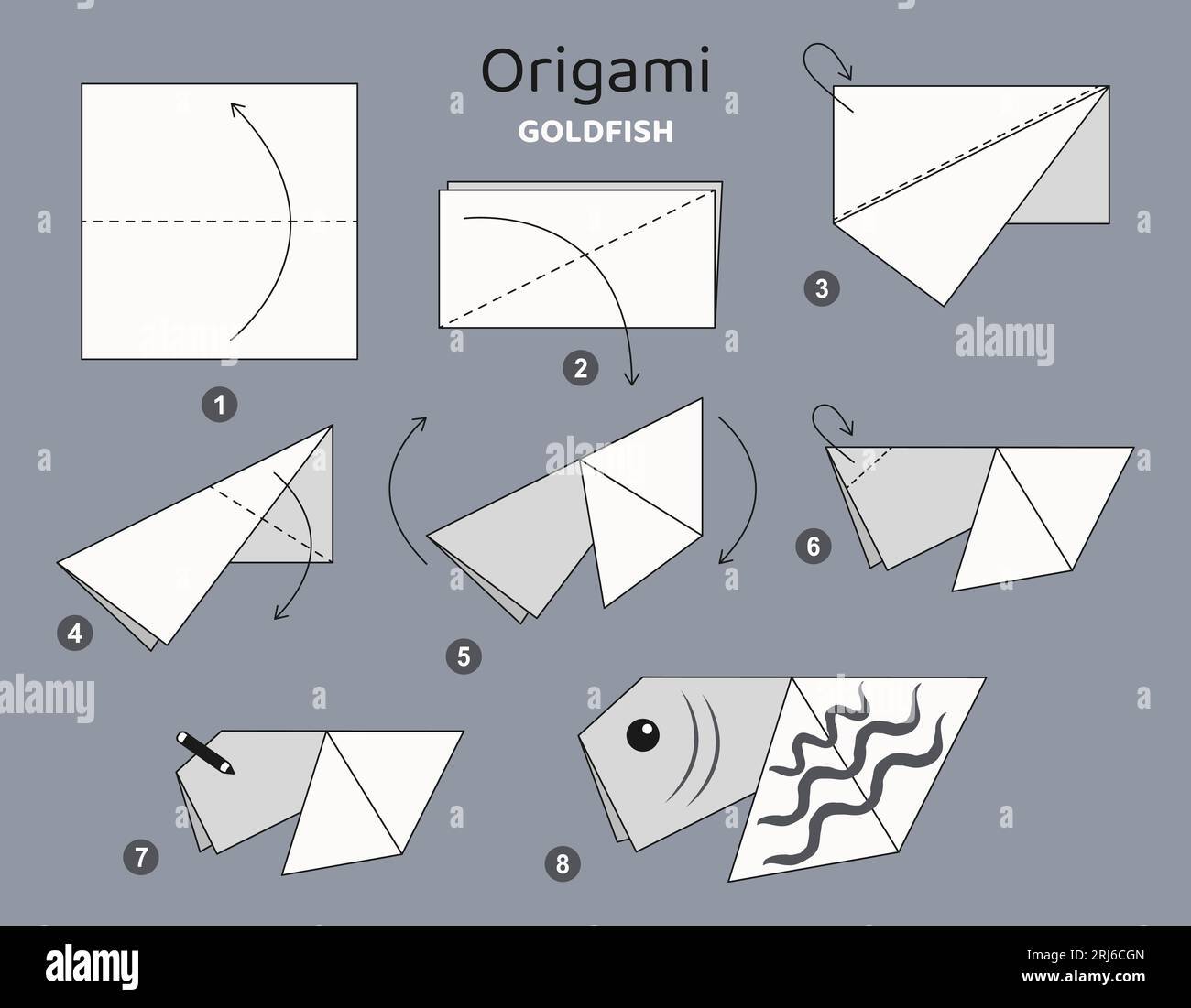 Fish origami scheme tutorial moving model. Origami for kids. Step