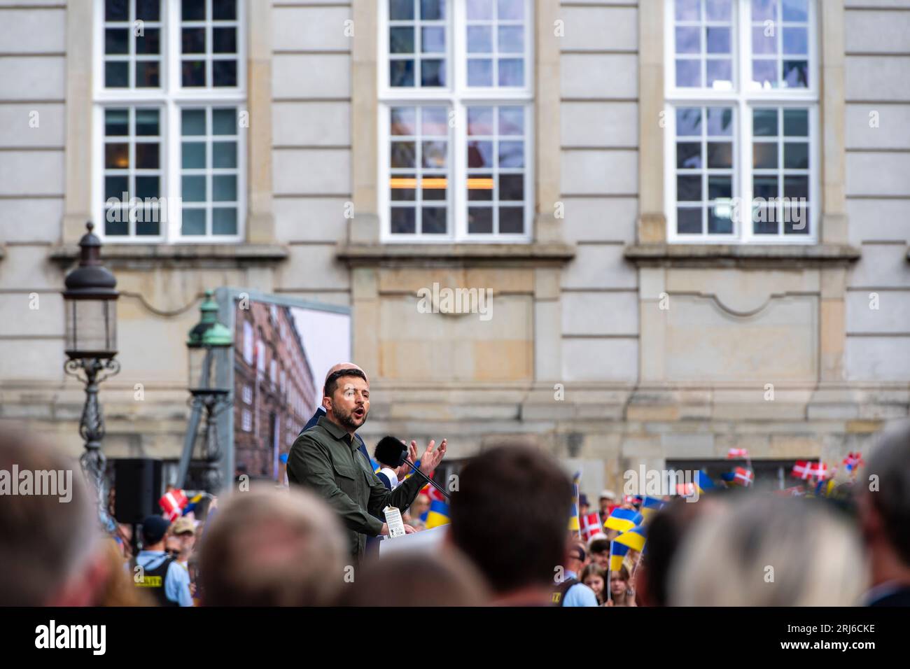 Copenhagen, August 21st 2023 / Matthew James Harrison  Ukraine's President Zelensky gave a public speech on the steps of the Danish Parliament, Folketinget. Stock Photo