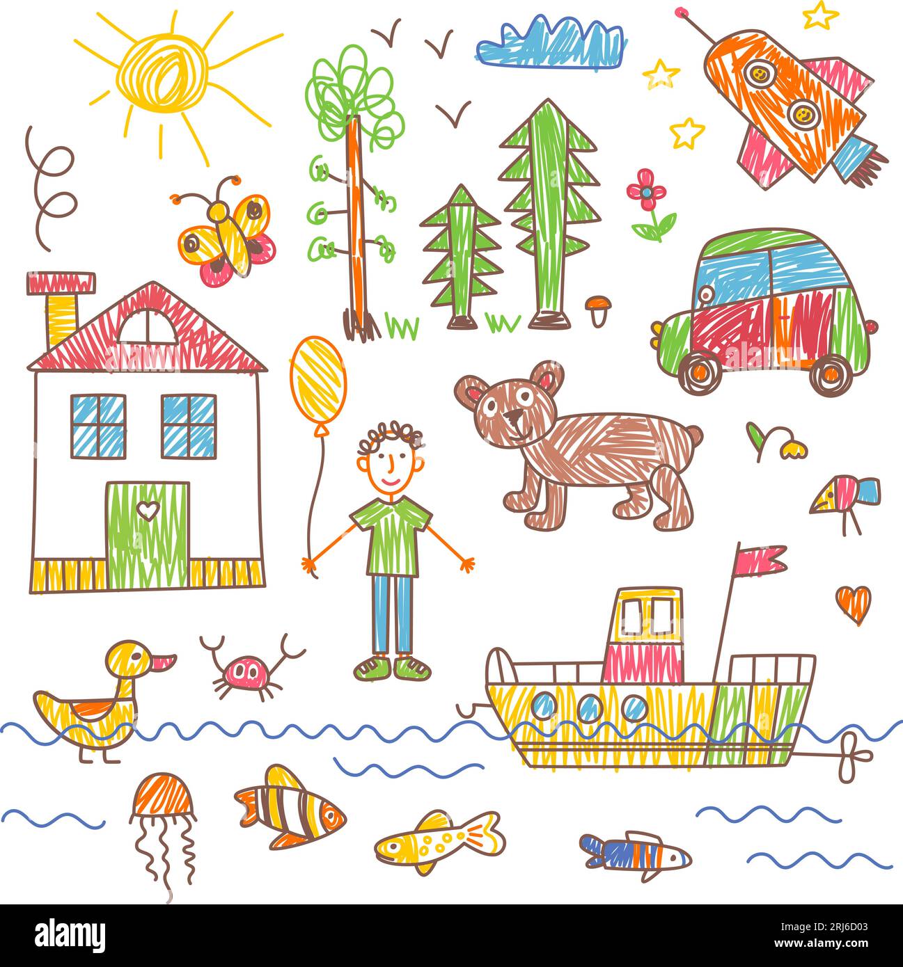 Collection of cute children's drawings of kids, animals, nature, objects  Stock Vector Image & Art - Alamy