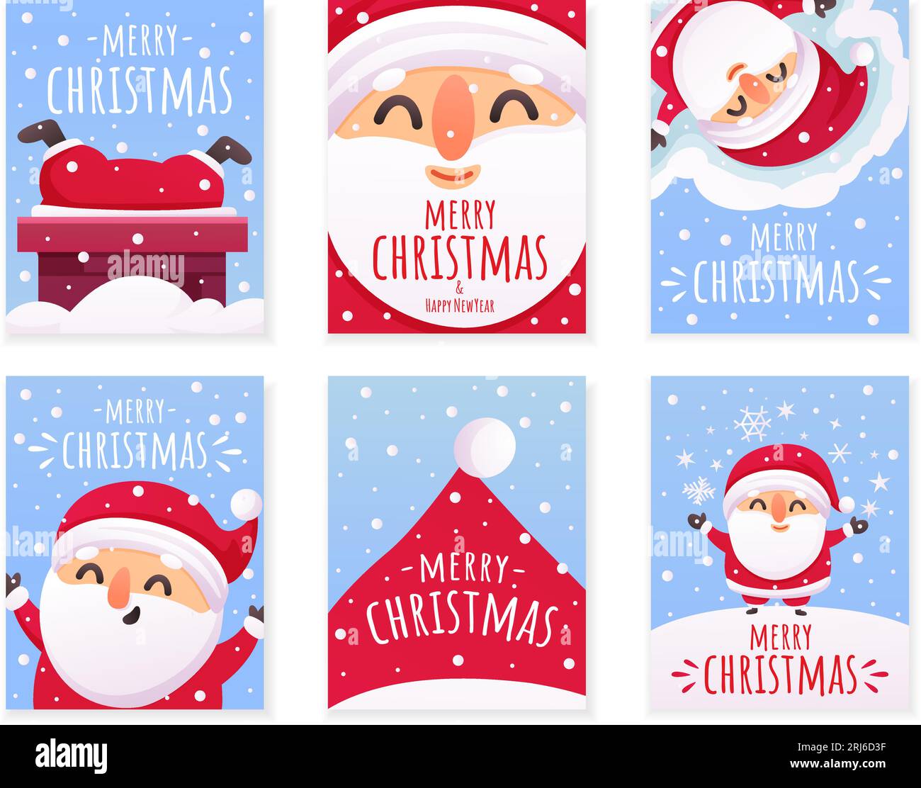 Santa christmas print cards. Happy xmas and new year banners and covers design. Winter holidays funny characters and snowfall nowaday vector posters Stock Vector