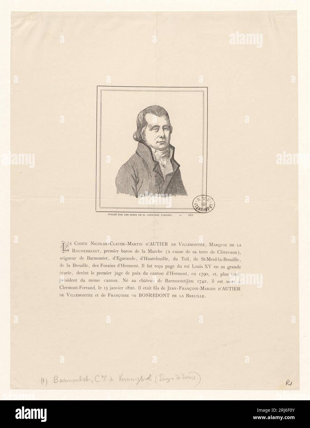 Le Comte Nicolas-Claude-Martin d'Autier de Villemontée, Marquis de la Rochebriant ... BOYER 150 by Ambroise Tardieu Stock Photo