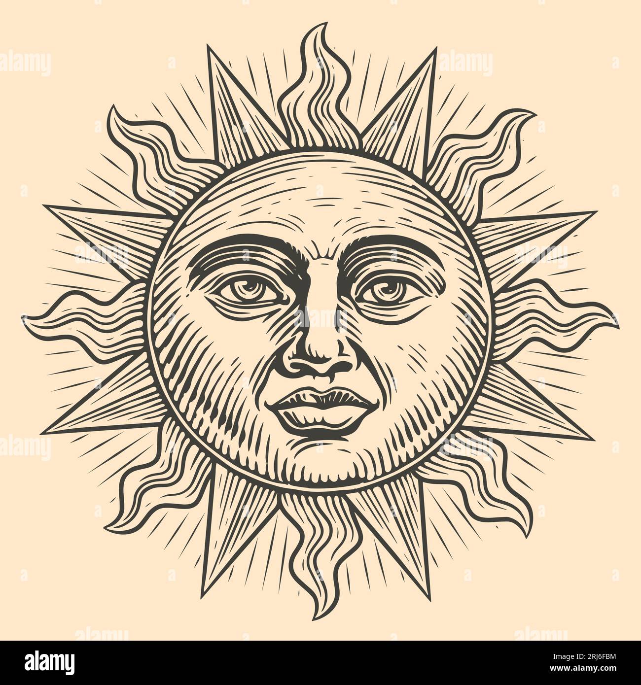 Shining sun with a human face and straight and wavy rays. Vintage vector illustration engraving style Stock Vector