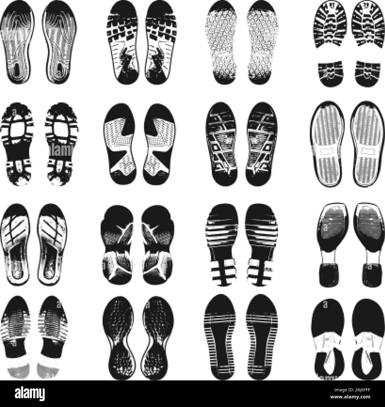 Human foot steps barefoot and in shoes. Black dirty footprints silhouettes, boot and sneakers print. Isolated footstep icons neoteric vector set Stock Vector