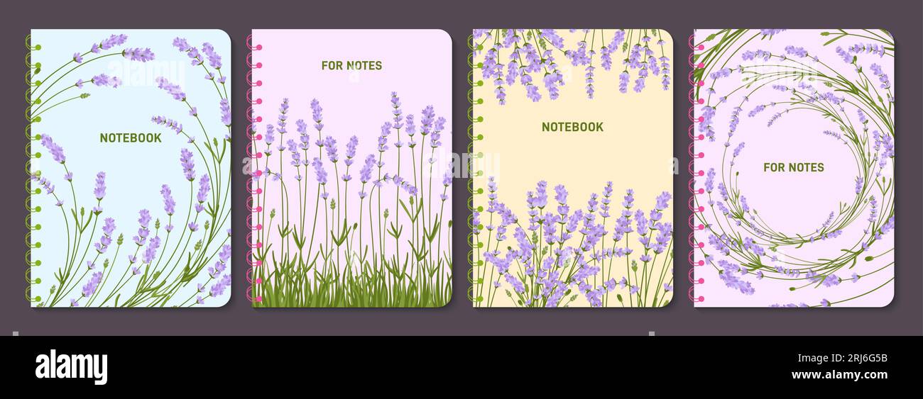 Lavender flowers branch trendy notebook cover set. Notepad with rustic