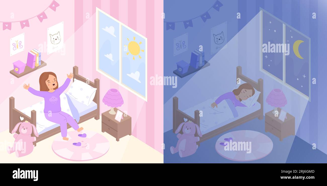 Girl sleep and wake up. Early morning and night dream. Little kid in bed, relax and healthy daily schedule. Cute cartoon child in bedroom snugly Stock Vector