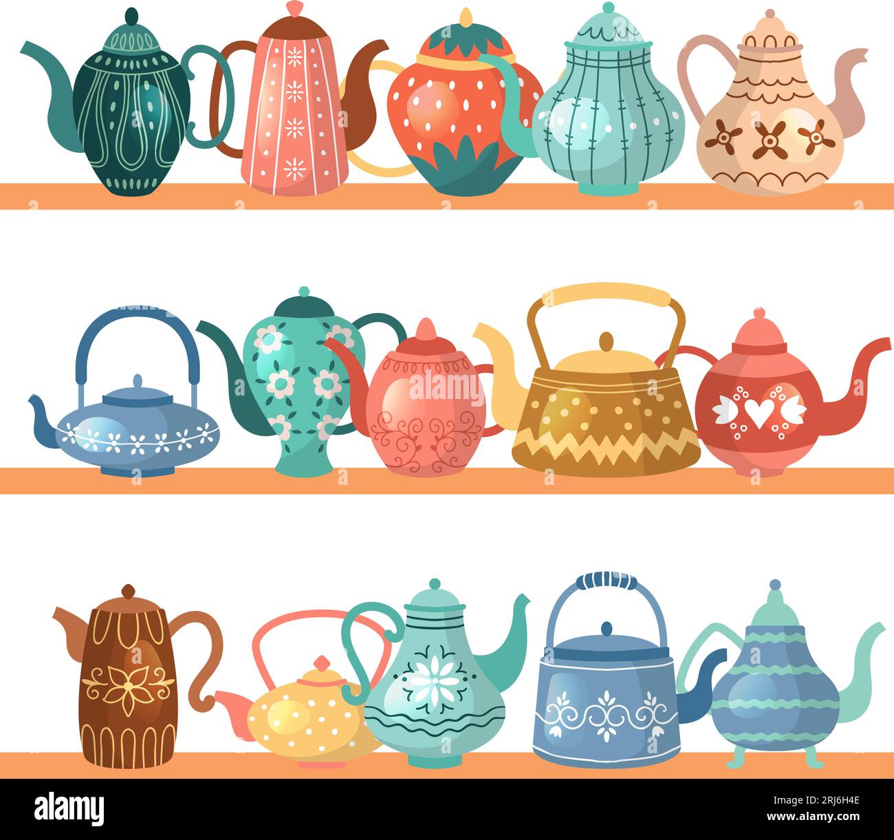 Kettle shelves. kitchenware on shelves. Vector colored kettles Stock Vector