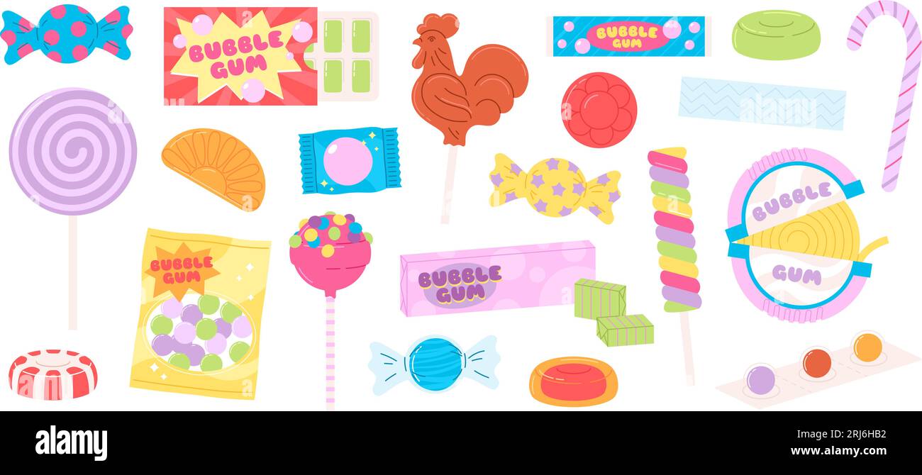 Lollipops and bubble gum, cartoon sweet candies. Isolated chewing gums pack and sticky. Holiday kids jelly candy, sweets racy vector set Stock Vector