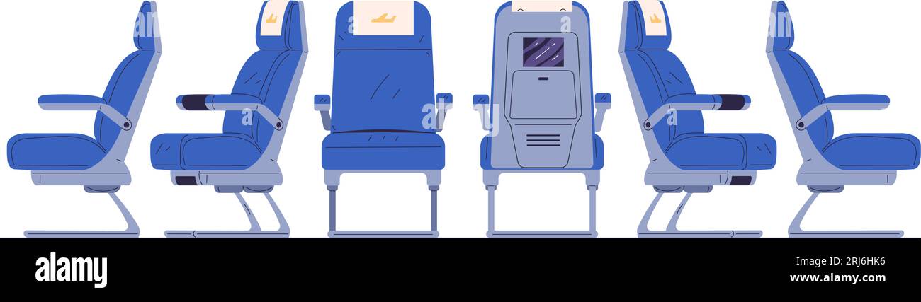 Airplane armchairs. Aircraft seats for safety flight and comfort travel inside plane of economy business class interior, isolated chair aeroplane space, classy vector illustration of aircraft seat Stock Vector