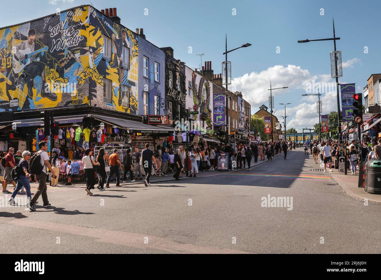 Tourists, visitors, people shopping in crowded Camden High Street, Camden Town, London, England, UK Stock Photo