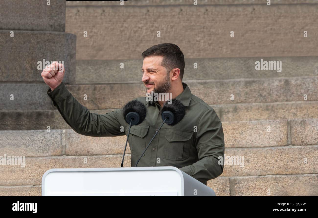 Ukraine President Volodymyr Zelenskiy clenched fists speaks at public meeting in front of Denmark's parliament. Copenhagen, Denmark - August 21, 2023. Stock Photo
