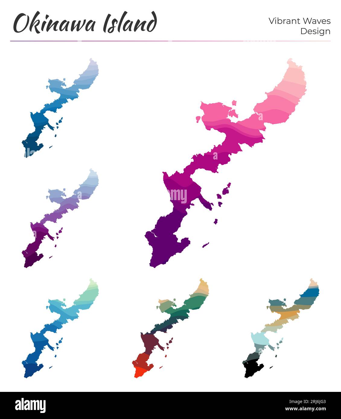 Set of vector maps of Okinawa Island. Vibrant waves design. Bright map ...