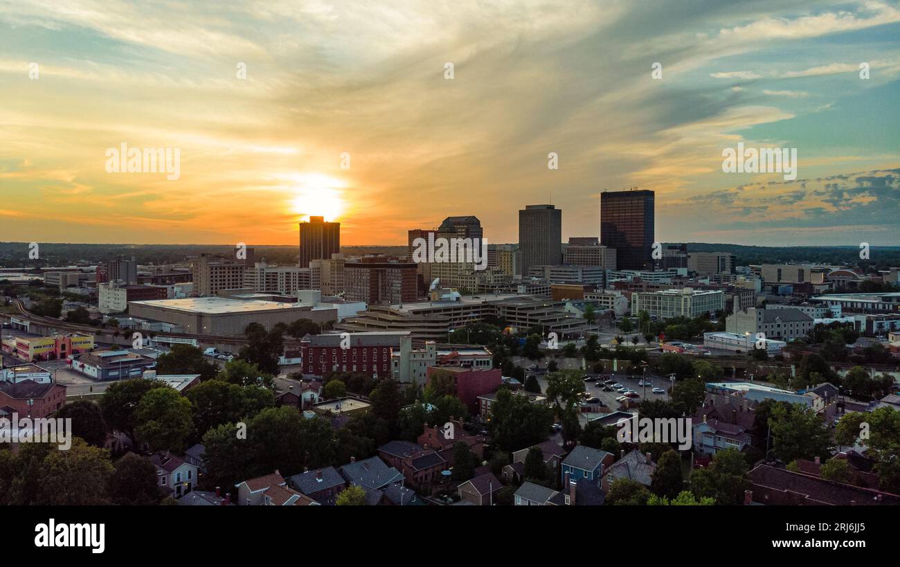 An aerial view of Dayton Ohio skyline at sunset Stock Photo - Alamy