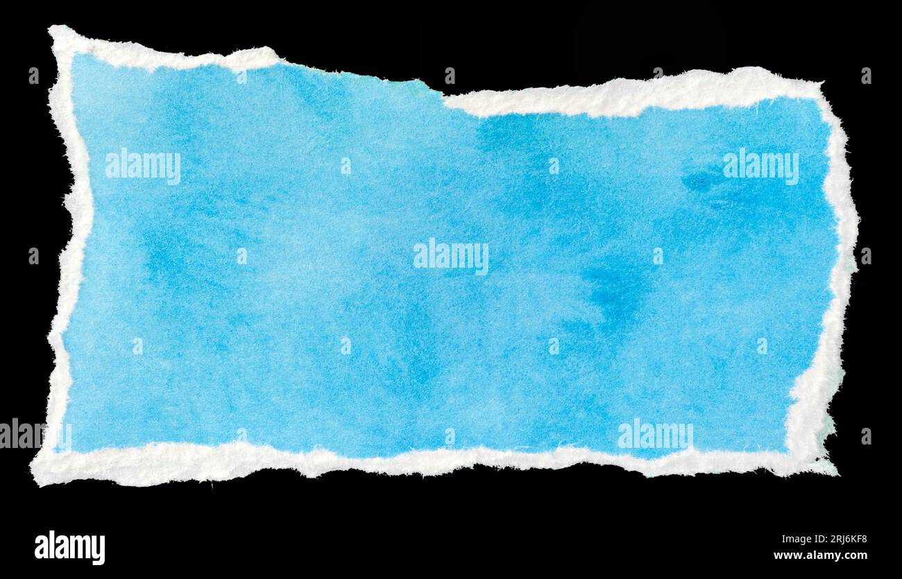 Ripped blue paper note message template isolated on black background Stock Photo