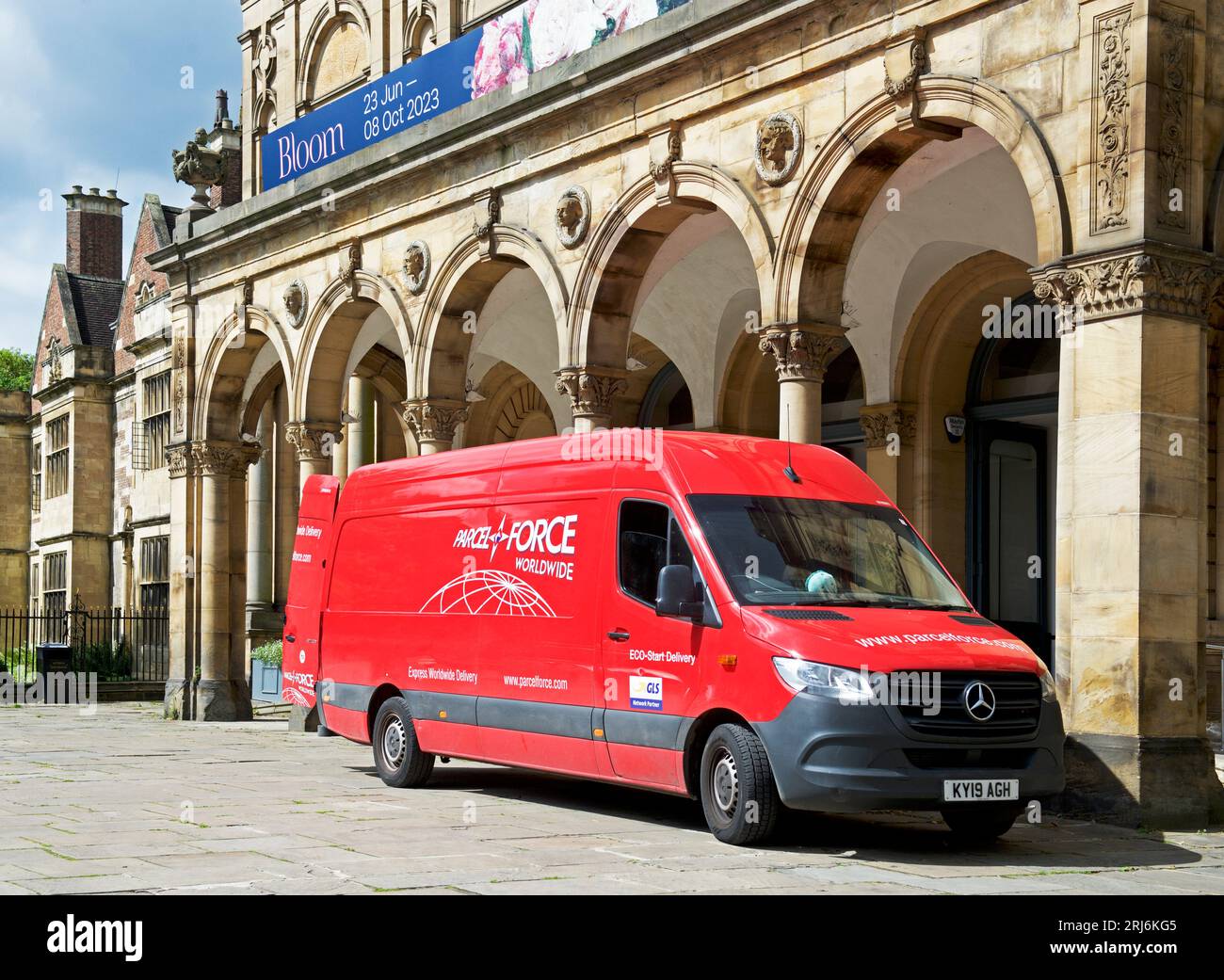 Parcelforce delivery van parked in front of the art gallery, York