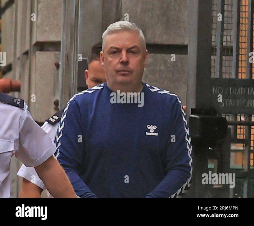Christopher Paul O'Kane leaving Coleraine Magistrates' Court in Ballymena, where he was charged with possessing documents or records likely to be useful to terrorists and possession of two mobile phones for use in terrorism. Picture date: Monday August 21, 2023. Stock Photo