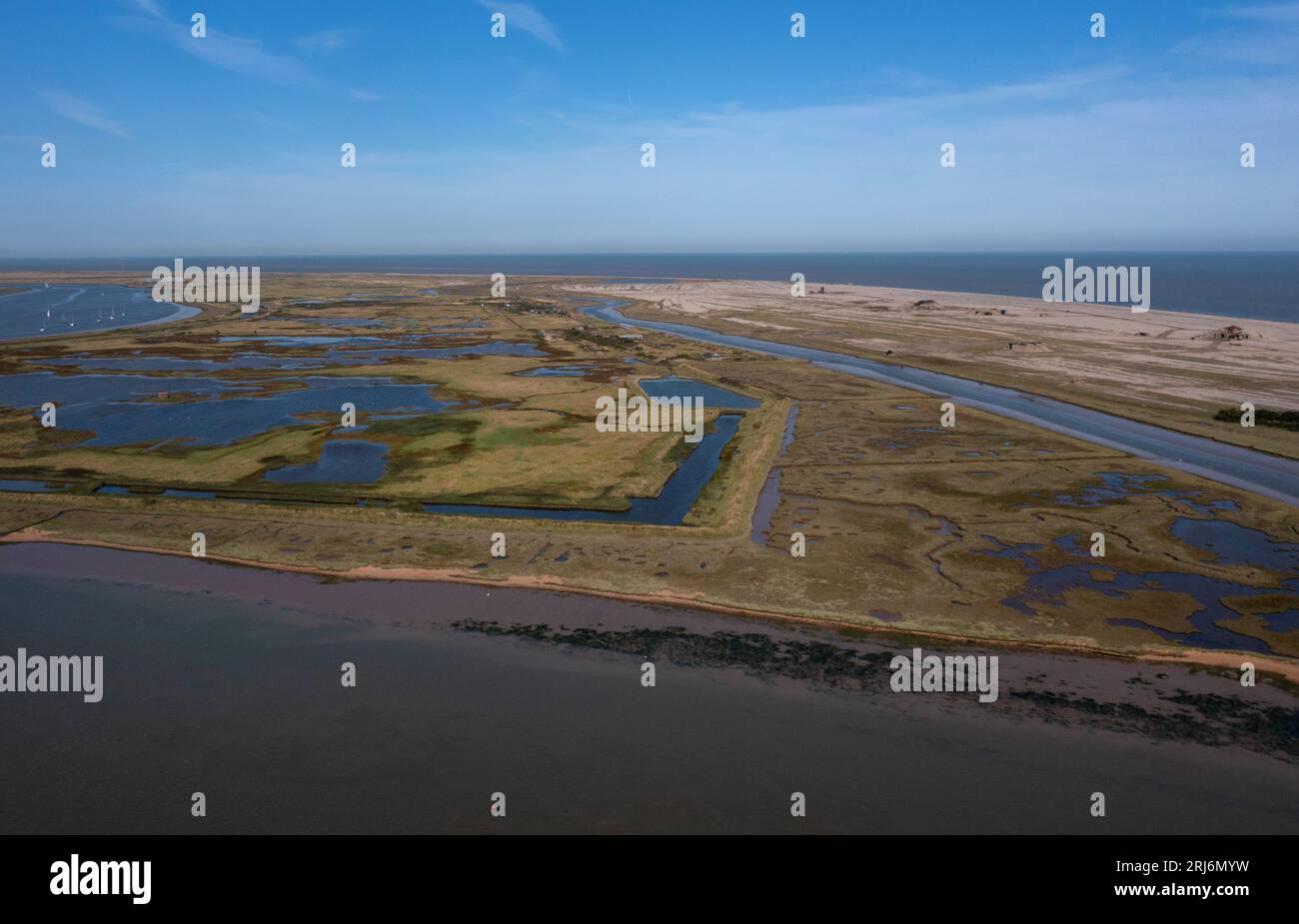 drone view of Orfordness, salt marsh,  'island odf Secrets' bird sanctuary and old atomic weapon research establishment facility, suffolk , england Stock Photo