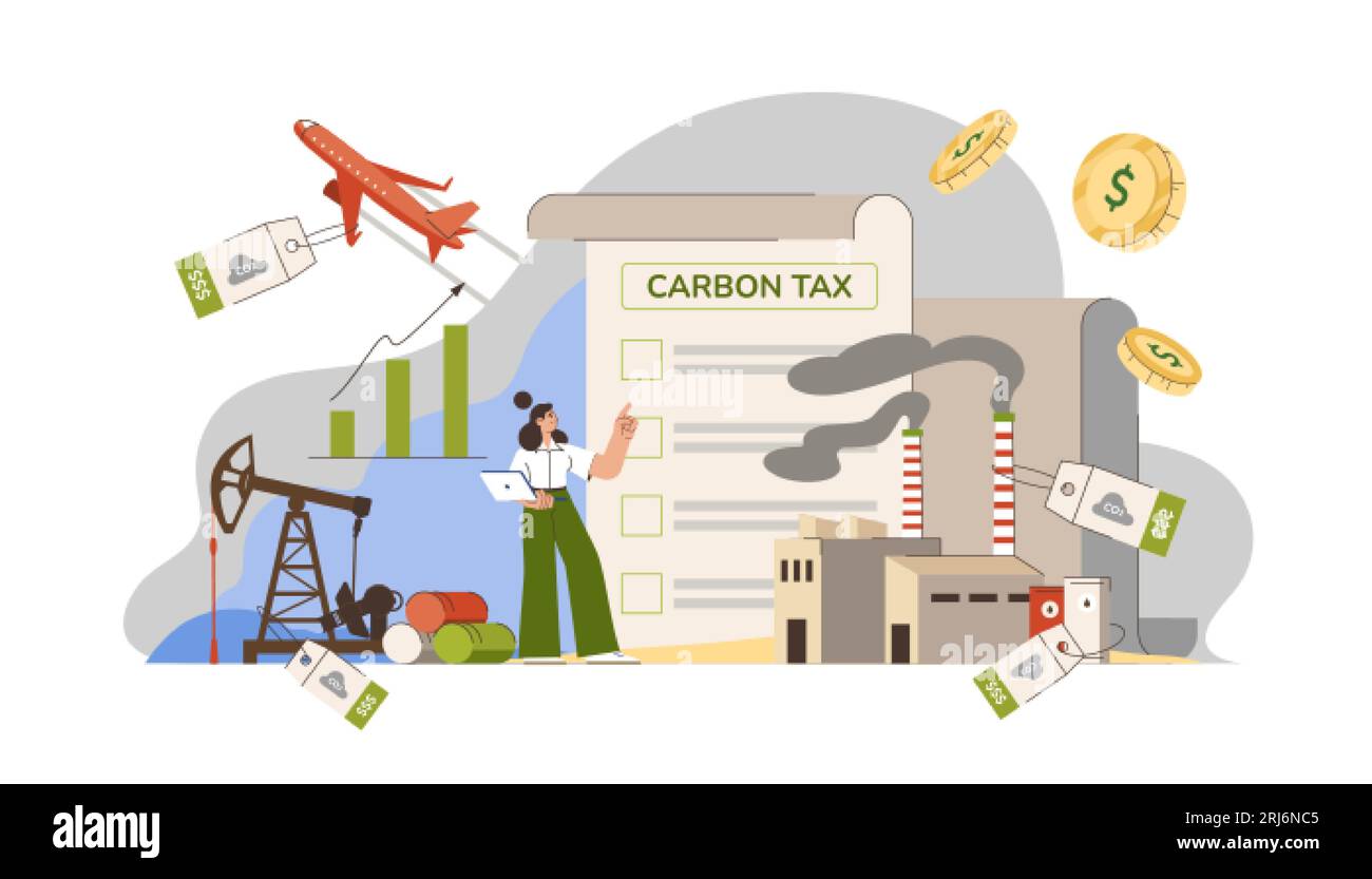 Carbon tax concept. Businesses and factory pay for greenhouse gas emissions and burning of carbon fuels. Taxation for nature pollution, reduce co2. Payment in goverment budget for smoke and durty air. Stock Vector