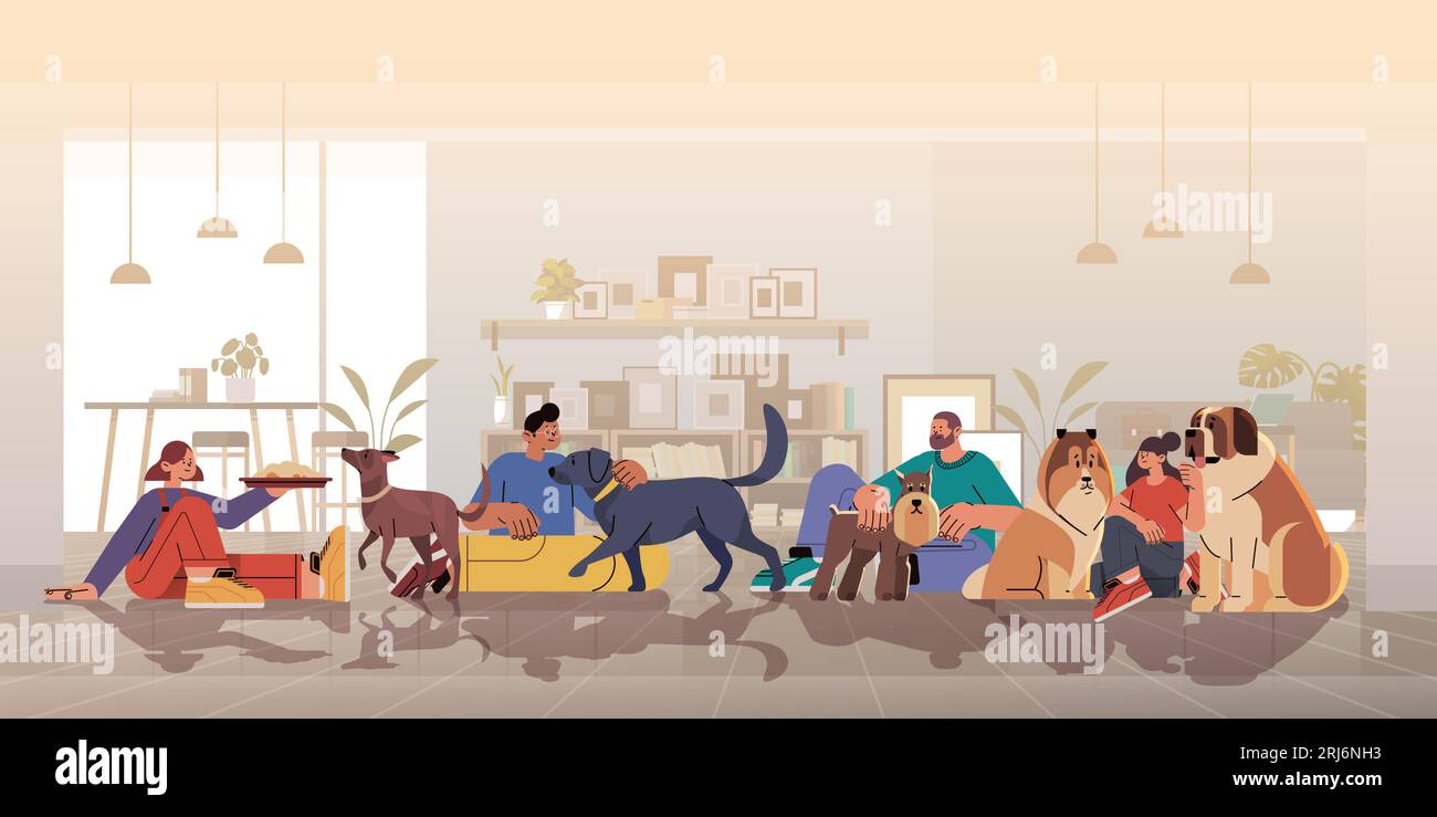 people pet owners playing with cute dogs best friends domestic animal caring for four-footed friend concept Stock Vector