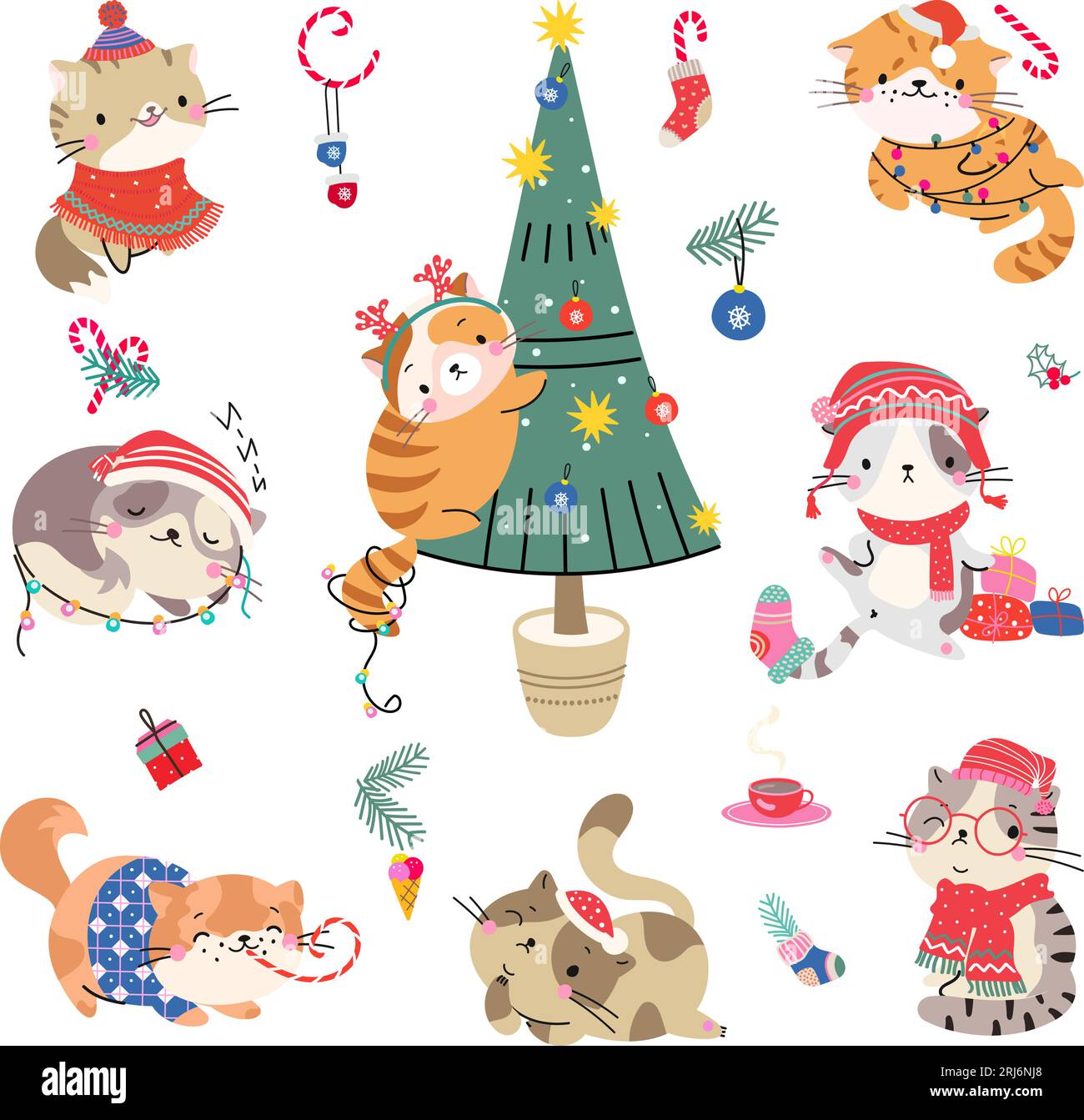 Cartoon christmas kitten, happy holiday cats in xmas outfits. Funny cute pets in ornamental scarf and sweaters. Isolated nowaday winter vector animals Stock Vector