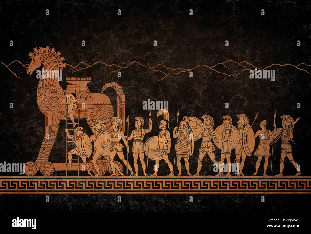 Illustration of Greek Warriors Boarding the Trojan Horse Stock Photo