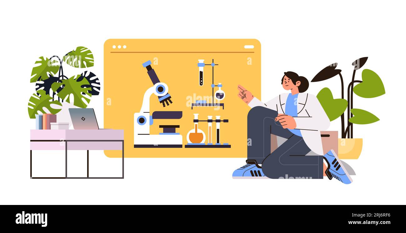 student in medical coat making chemical experiments in virtual lab scientist researcher using digital microscope distance learning Stock Vector
