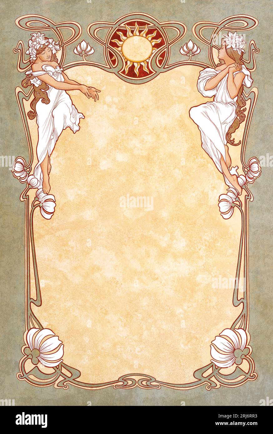 Illustrated, Imaginary, Decorative, Retro Poster in Art Nouveau Style with Blank Copy Space. Stock Photo