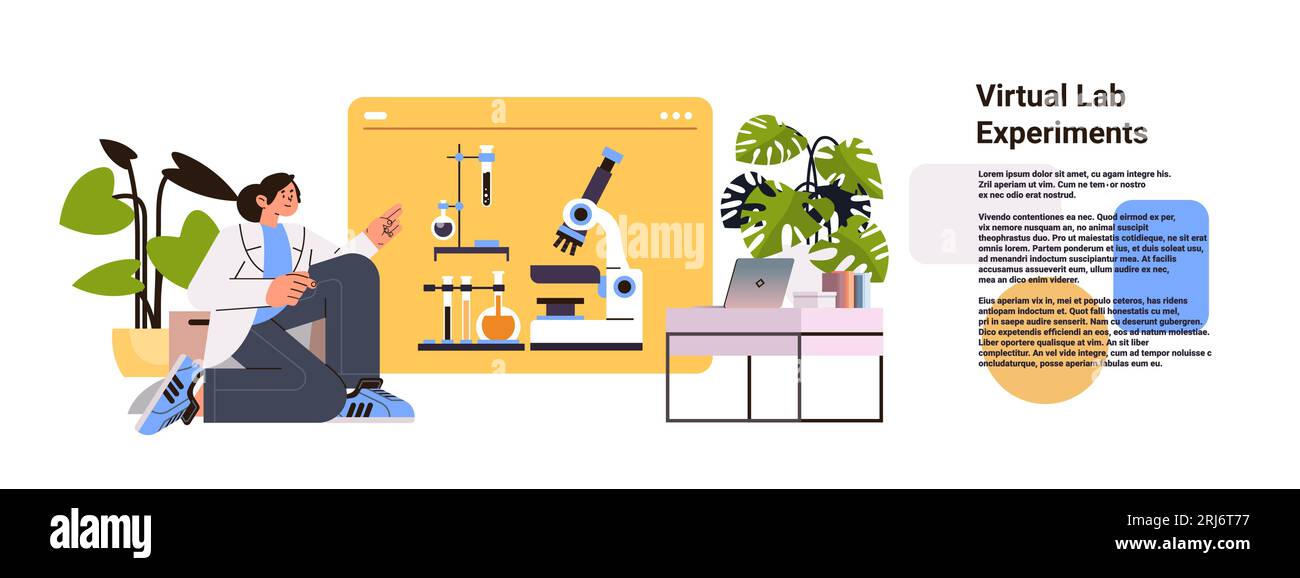 student in medical coat making chemical experiments in virtual lab scientist researcher using digital microscope distance learning Stock Vector