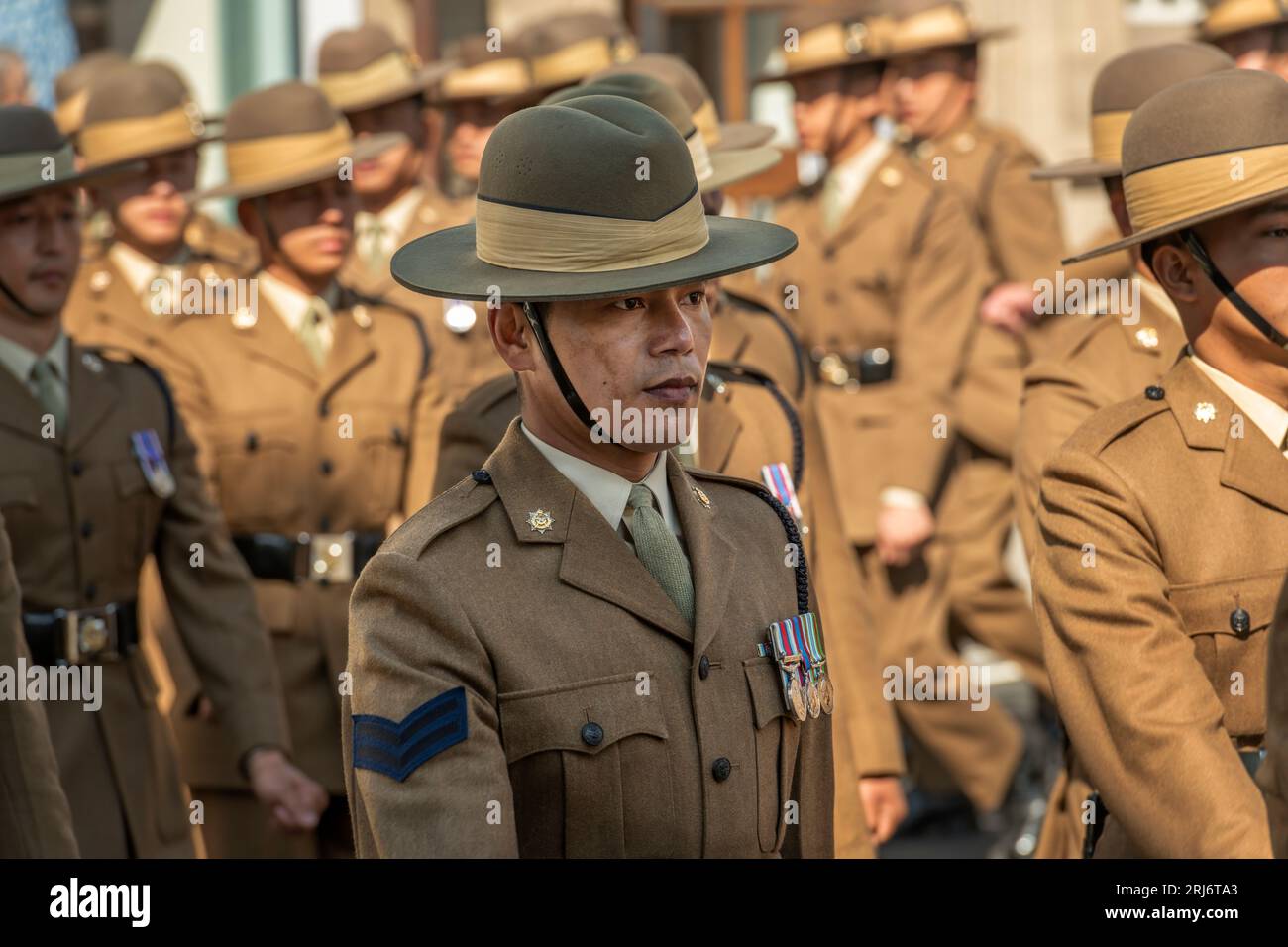 The Gurkhas are an elite regiment attached to the British Army. The Khukuri, a curved knife, is the weapon of choice for the Nepali soldiers.. Stock Photo