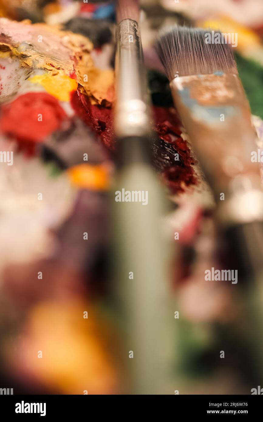 Different sizes of oil paint brushes on display Stock Photo Alamy