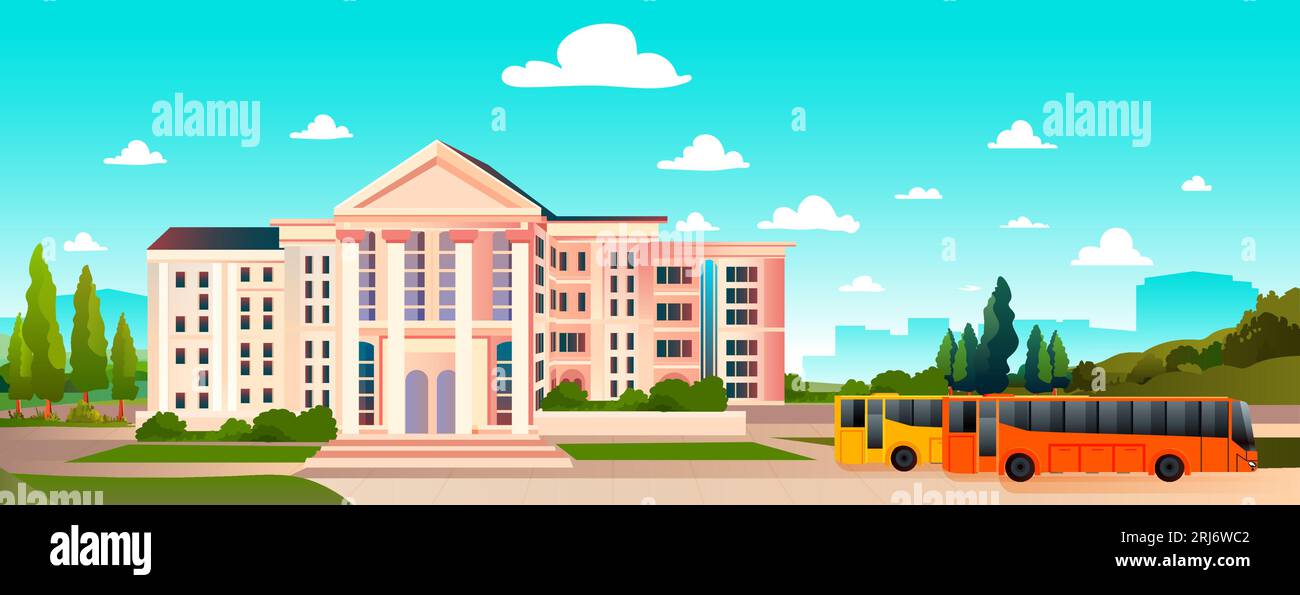 university building empty front yard with green trees road crosswalk and orange buses Stock Vector