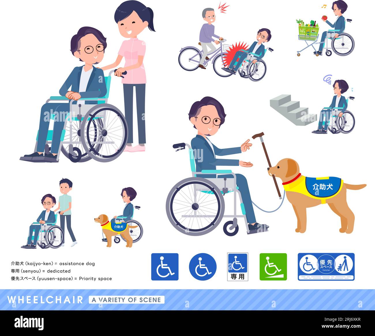 A set of business man in a wheelchair.It depicts various situations of