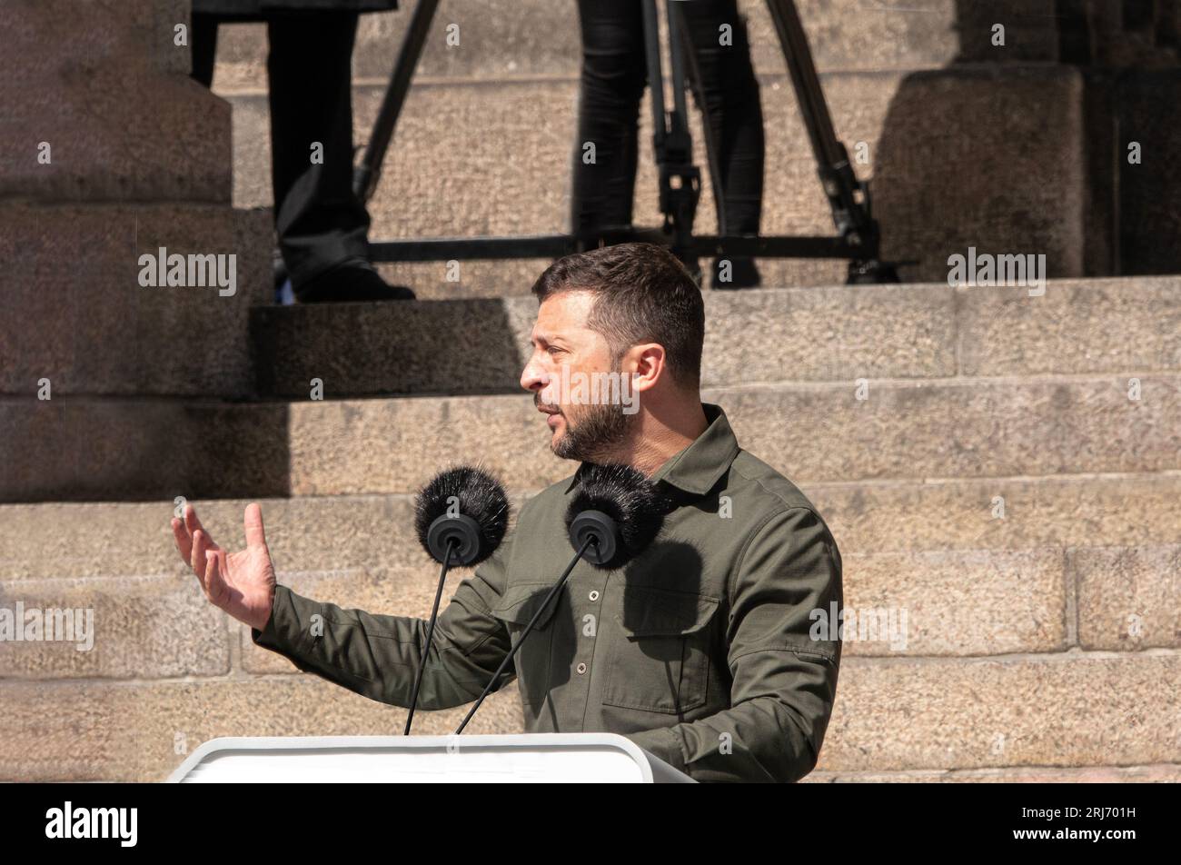 Ukraine President Volodymyr Zelenskiy speaks at a public meeting in front of Denmark's parliament. Copenhagen, Denmark - August 21, 2023. Stock Photo