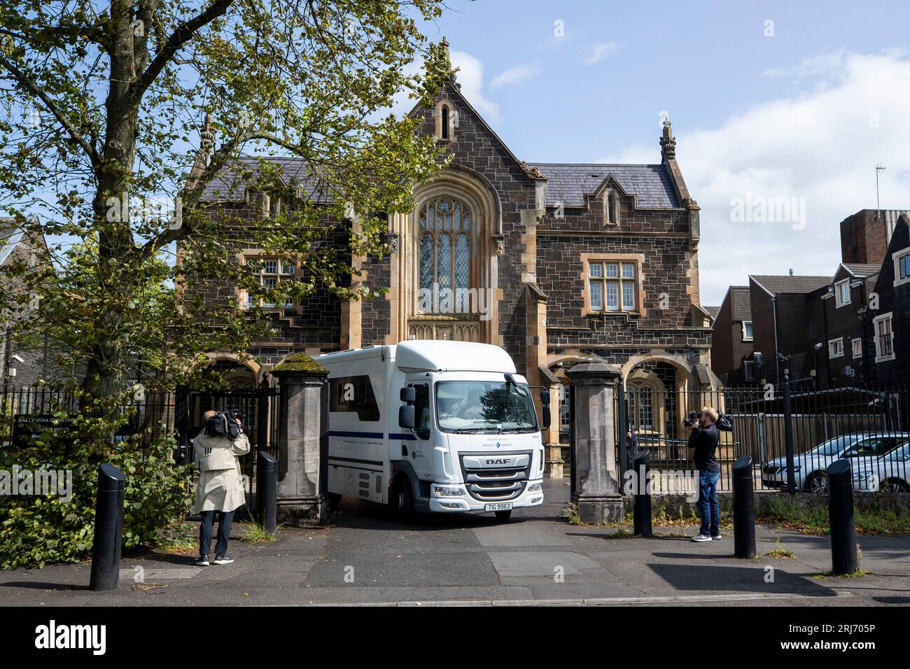 A Northern Ireland Prison Service vehicle carrying Christopher Paul O'Kane leaves Ballymena Court, where he was charged with possessing documents or records likely to be useful to terrorists and possession of two mobile phones for use in terrorism. Picture date: Monday August 21, 2023. Stock Photo