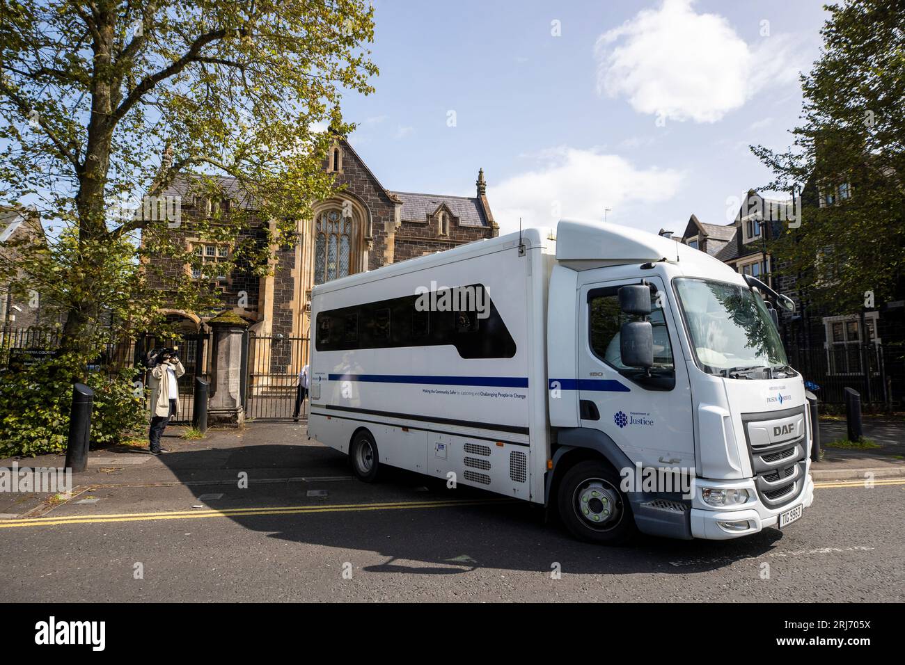 A Northern Ireland Prison Service vehicle carrying Christopher Paul O'Kane leaves Ballymena Court, where he was charged with possessing documents or records likely to be useful to terrorists and possession of two mobile phones for use in terrorism. Picture date: Monday August 21, 2023. Stock Photo