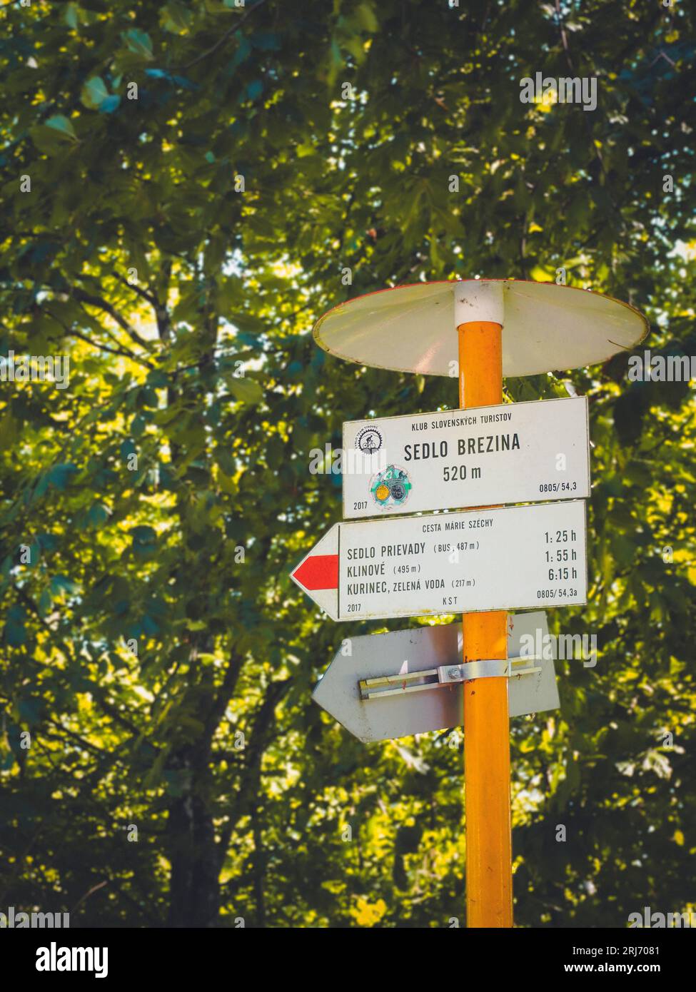 Two signs pointing in different directions in Slovakia's Gemer region Stock Photo