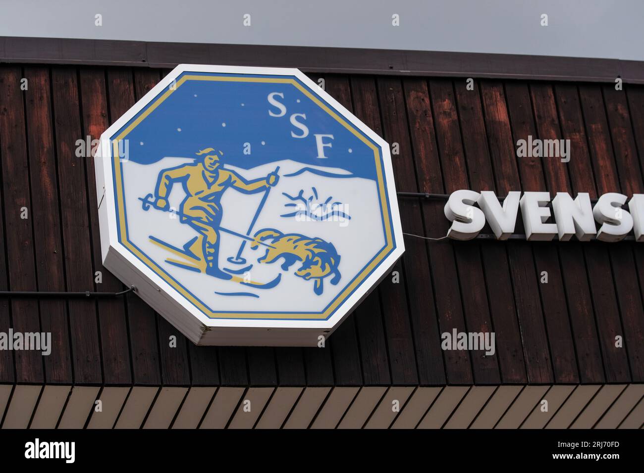 Signs and symbols, headquarters for The Swedish Ski Association (Swedish: Svenska Skidförbundet), which is a sports governing body for skiing in Sweden. Stock Photo